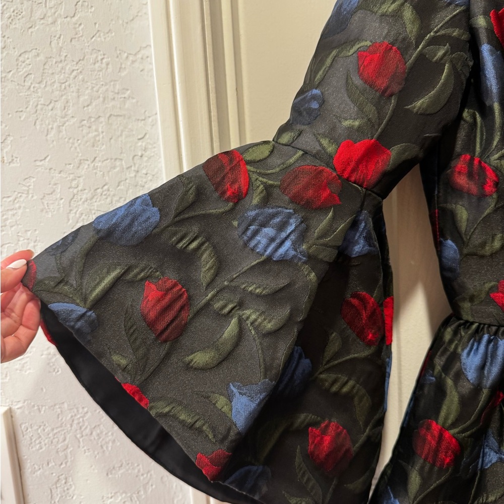 Alice + Olivia Black Floral Jacquard Babydoll Dress with Red & Blue Tulips - Picture 7 of 12